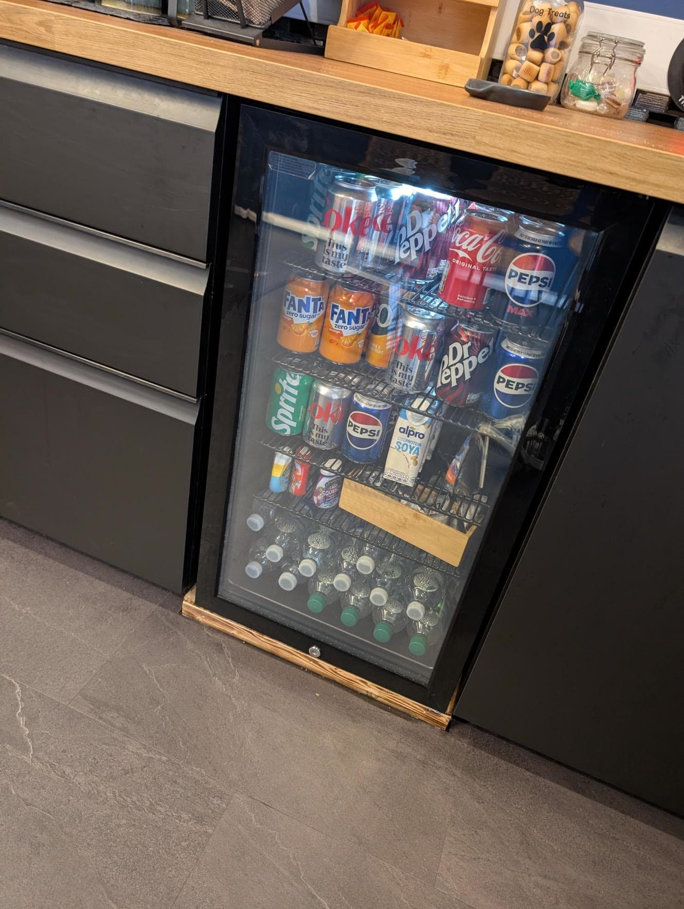 The drinks fridge in the TTR reception, stocked with cold cans