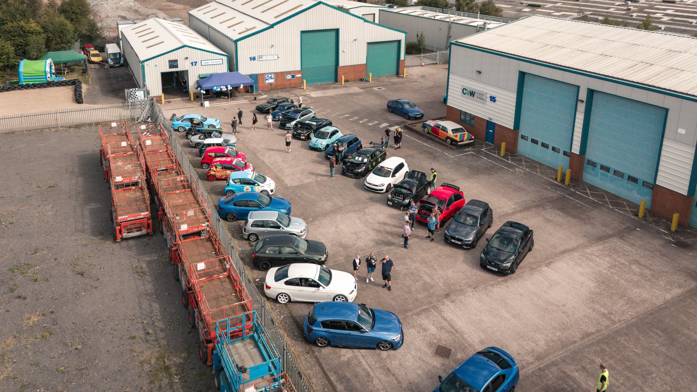A TTR open day from the air: customers’ cars lined up outside unit 17