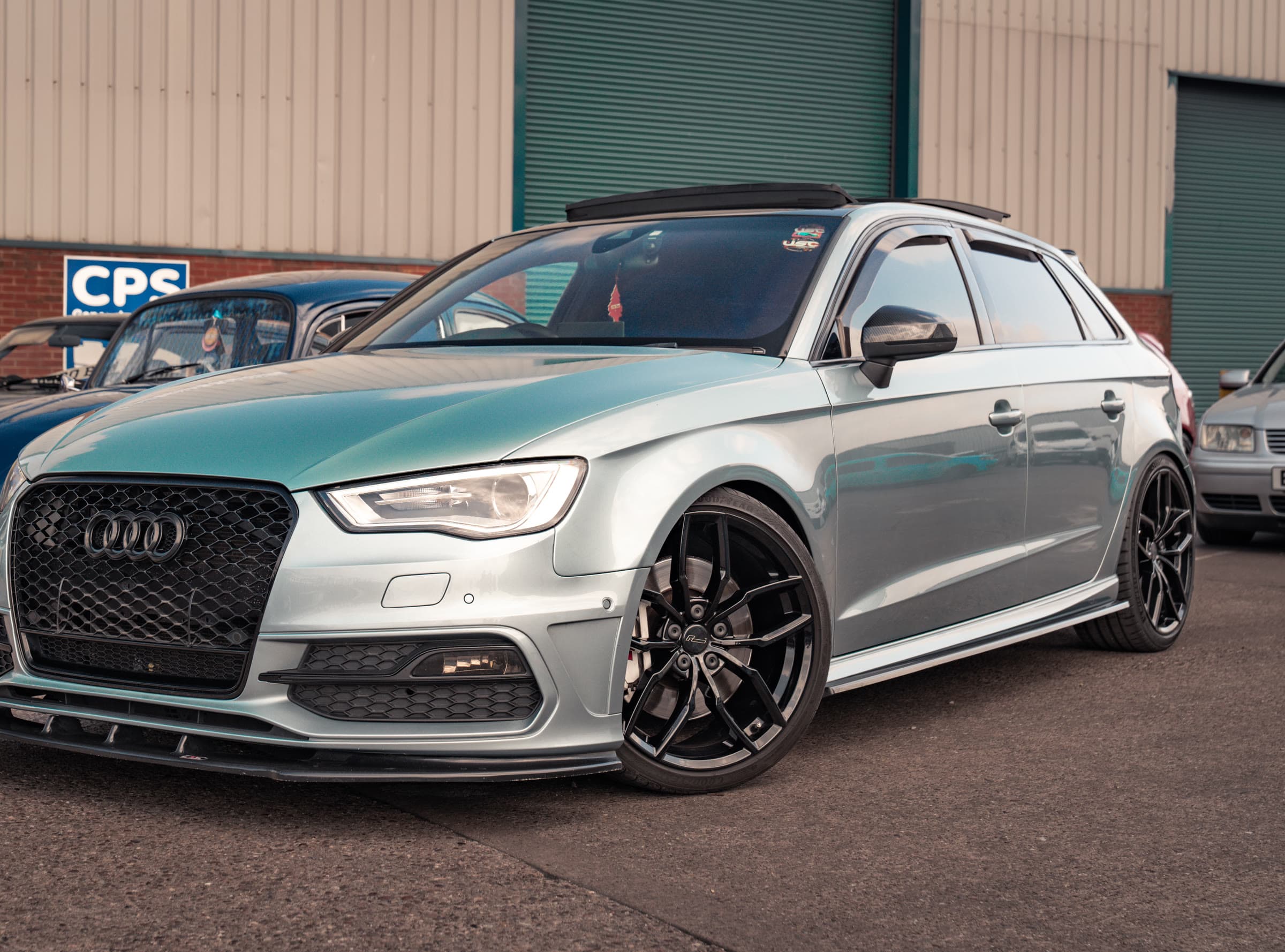 A silver Audi RS3